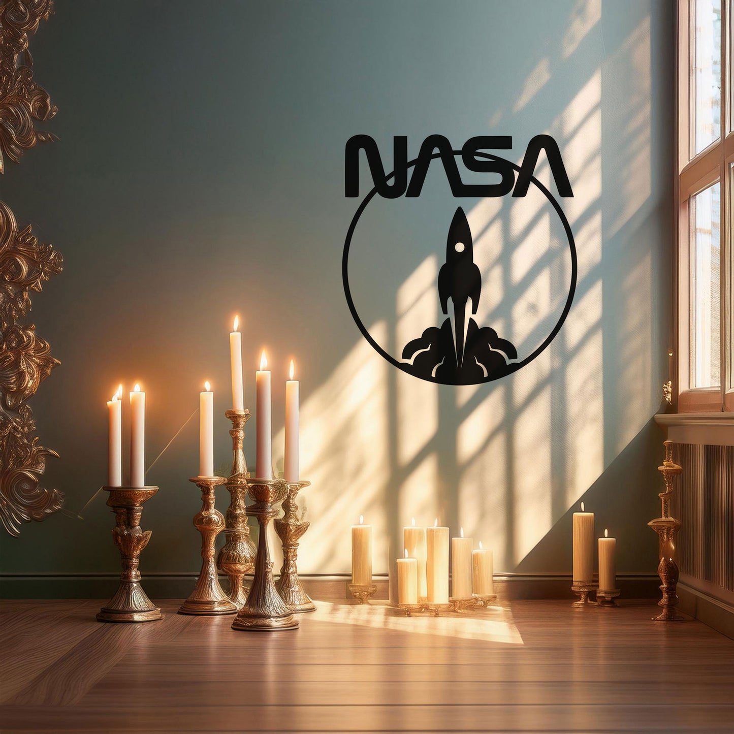 NASA Logo Metal Wall Art with Space Shuttle Design - Laser Cut Black Wall Decor, Gift for Space Enthusiasts, 3 Sizes Available