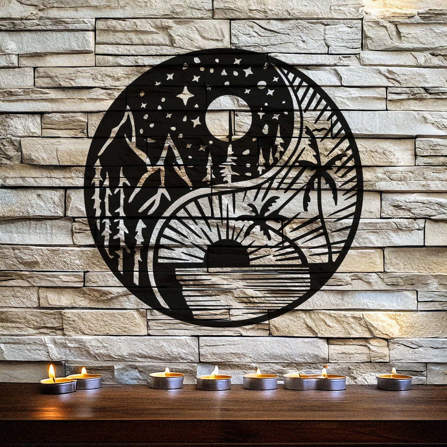 Yin Yang Metal Wall Art - Black Laser Cut Decor with Nature Design, Mountains & Sunset, 3 Sizes for Modern Home Style