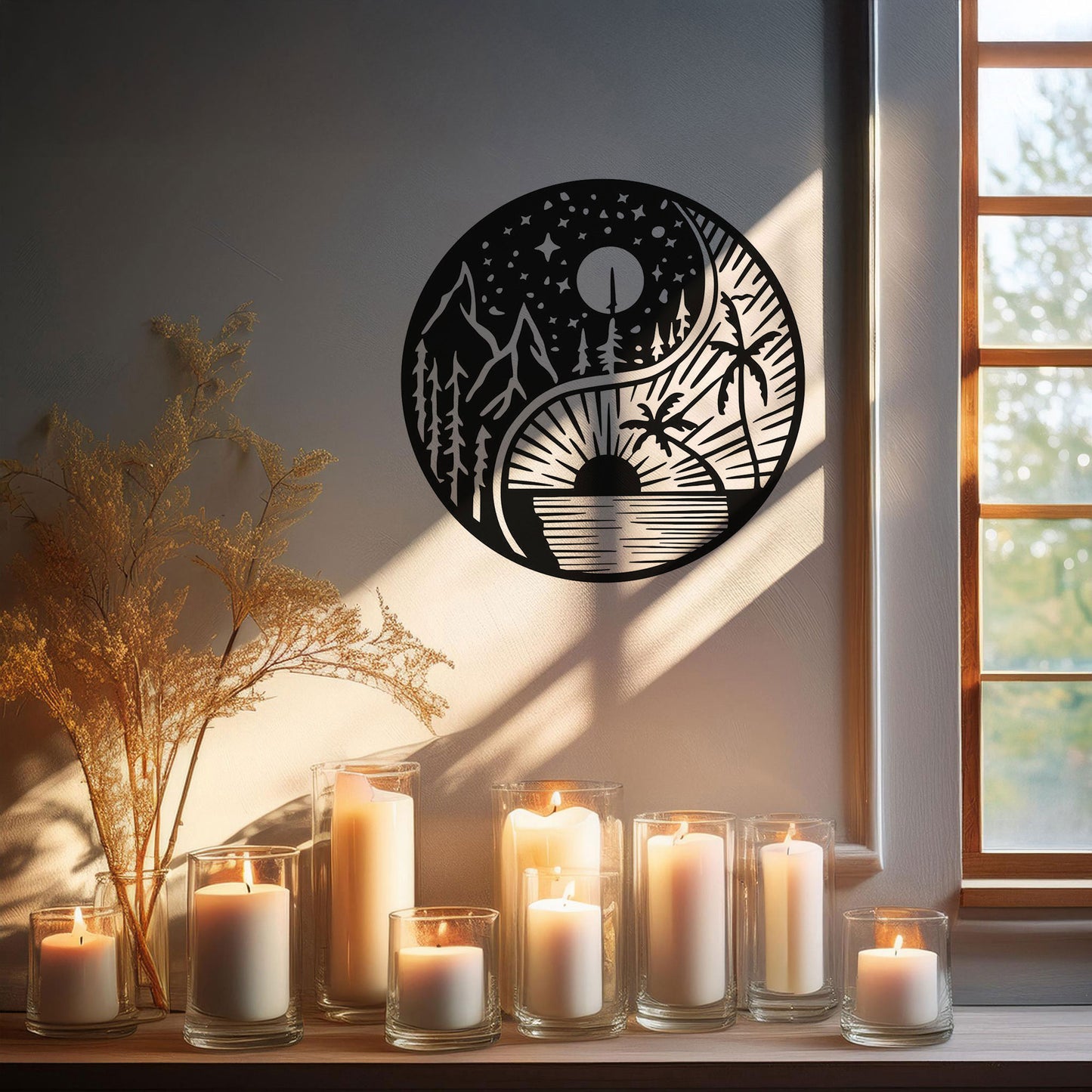 Yin Yang Metal Wall Art - Black Laser Cut Decor with Nature Design, Mountains & Sunset, 3 Sizes for Modern Home Style