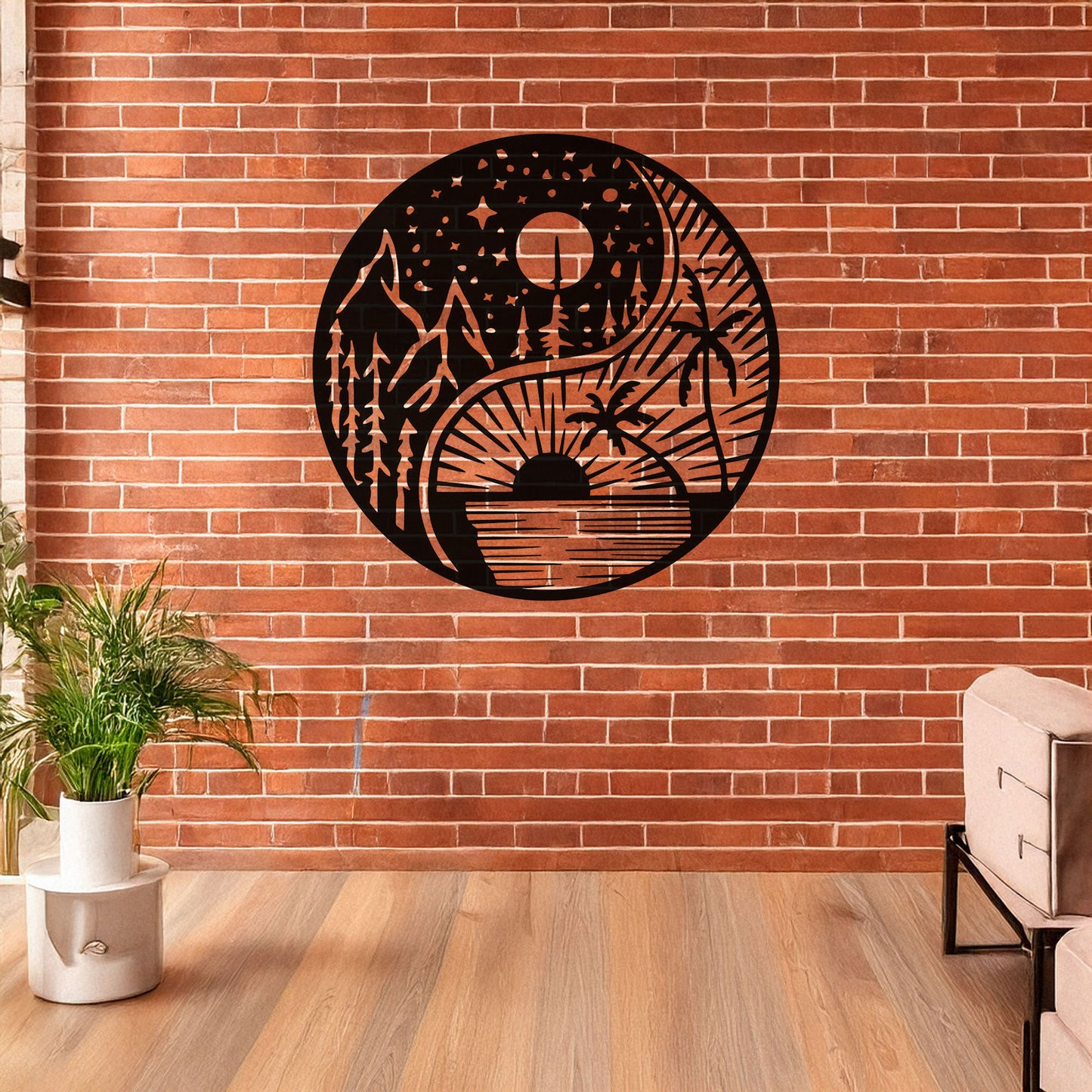 Yin Yang Metal Wall Art - Black Laser Cut Decor with Nature Design, Mountains & Sunset, 3 Sizes for Modern Home Style