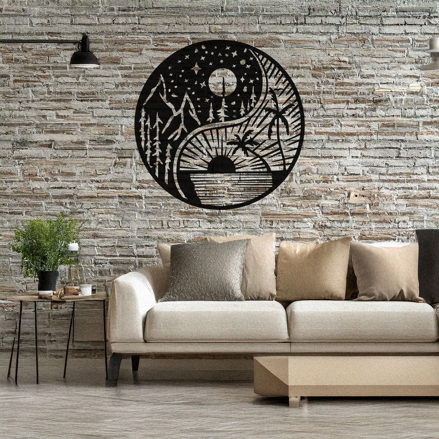 Yin Yang Metal Wall Art - Black Laser Cut Decor with Nature Design, Mountains & Sunset, 3 Sizes for Modern Home Style