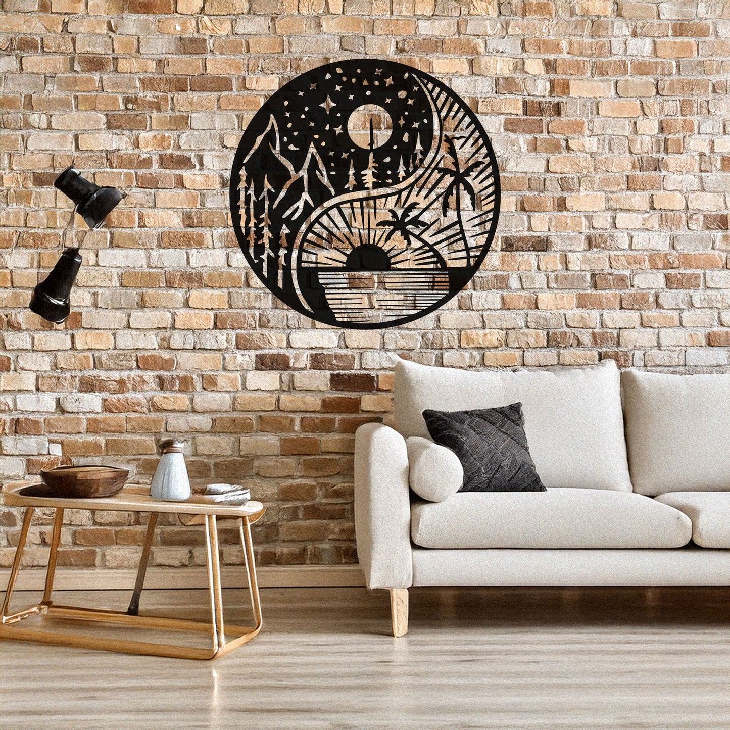 Yin Yang Metal Wall Art - Black Laser Cut Decor with Nature Design, Mountains & Sunset, 3 Sizes for Modern Home Style