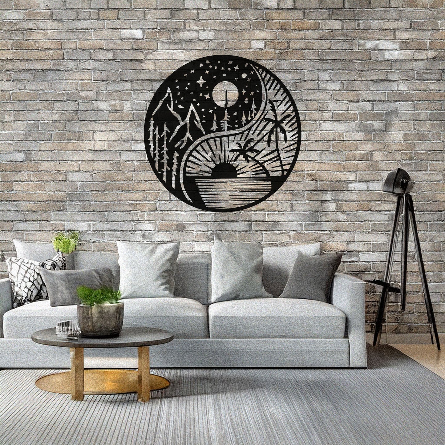 Yin Yang Metal Wall Art - Black Laser Cut Decor with Nature Design, Mountains & Sunset, 3 Sizes for Modern Home Style