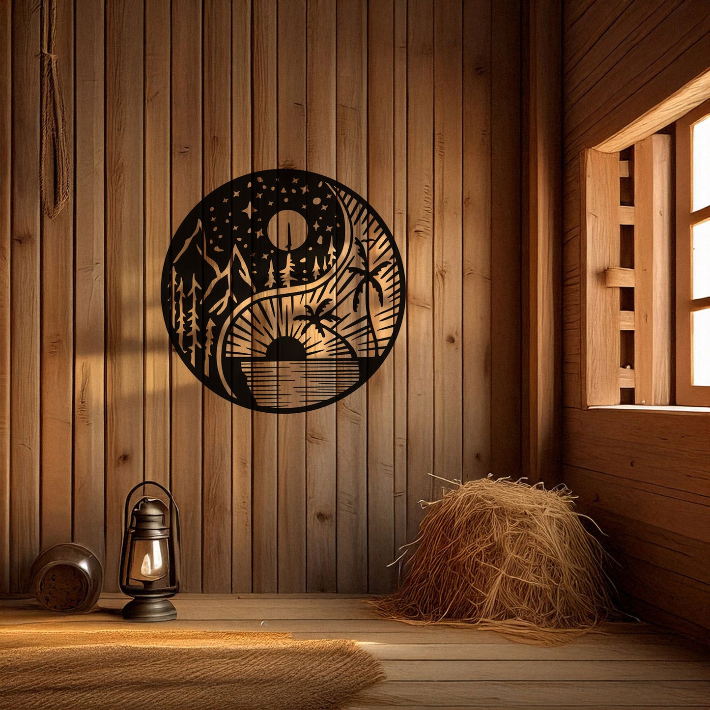 Yin Yang Metal Wall Art - Black Laser Cut Decor with Nature Design, Mountains & Sunset, 3 Sizes for Modern Home Style