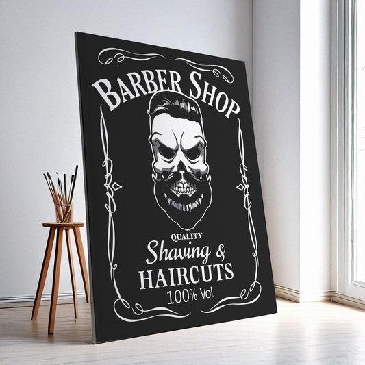 Barber Shop Wall Art – Retro Skull Design, High-Resolution Canvas or Framed Print, Modern Business Decor, Gift for Barbers, 3 Sizes, Model PGSW10003345