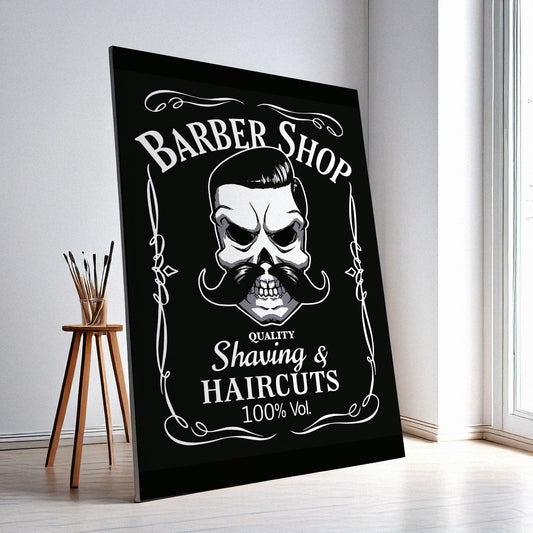 Barber Shop Wall Art – Retro Skull Design, High-Resolution Canvas or Framed Print, Modern Business Decor, Gift for Barbers, 3 Sizes, Model PGSW10003346