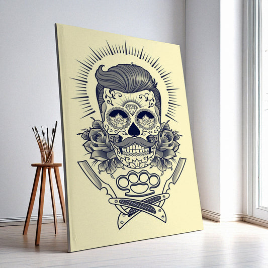 Barber Shop Wall Art – Retro Skull Design, High-Resolution Canvas or Framed Print, Modern Business Decor, Gift for Barbers, 3 Sizes, Model PGSW10003350