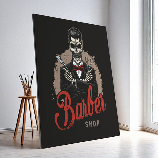 Barber Shop Wall Art – Retro Skull Design, High-Resolution Canvas or Framed Print, Modern Business Decor, Gift for Barbers, 3 Sizes, Model PGSW10003352