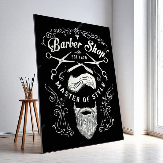 Barber Shop Wall Art – Retro Skull Design, High-Resolution Canvas or Framed Print, Modern Business Decor, Gift for Barbers, 3 Sizes, Model PGSW10003353