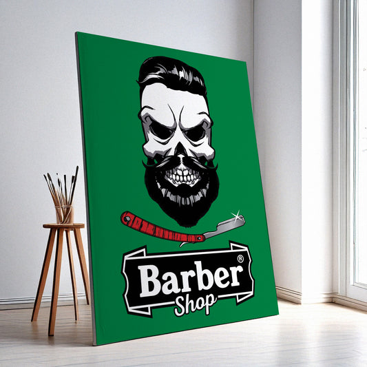 Barber Shop Wall Art – Retro Skull Design, High-Resolution Canvas or Framed Print, Modern Business Decor, Gift for Barbers, 3 Sizes, Model PGSW10003354