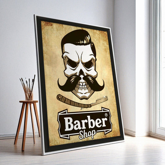 Barber Shop Wall Art – Retro Skull Design, High-Resolution Canvas or Framed Print, Modern Business Decor, Gift for Barbers, 3 Sizes, Model PGSW10003355