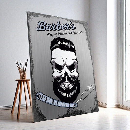 Barber Shop Wall Art – Retro Skull Design, High-Resolution Canvas or Framed Print, Modern Business Decor, Gift for Barbers, 3 Sizes, Model PGSW10003356