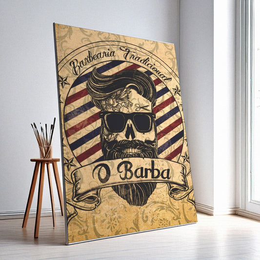 Barber Shop Wall Art – Retro Skull Design, High-Resolution Canvas or Framed Print, Modern Business Decor, Gift for Barbers, 3 Sizes, Model PGSW10003358