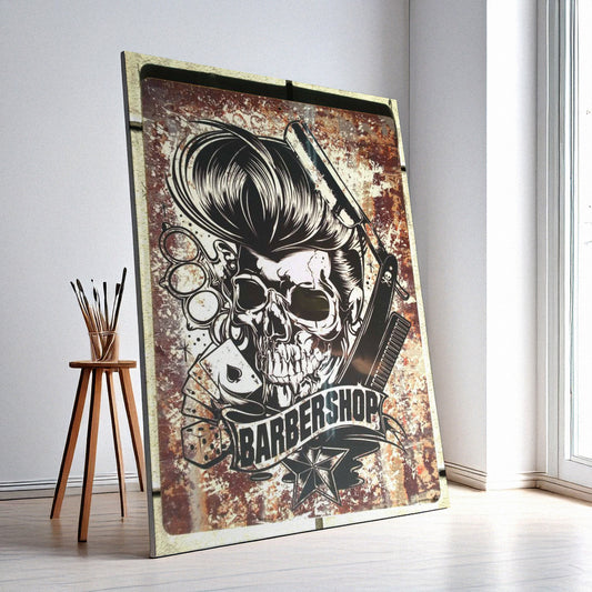 Barber Shop Wall Art – Retro Skull Design, High-Resolution Canvas or Framed Print, Modern Business Decor, Gift for Barbers, 3 Sizes, Model PGSW10003391