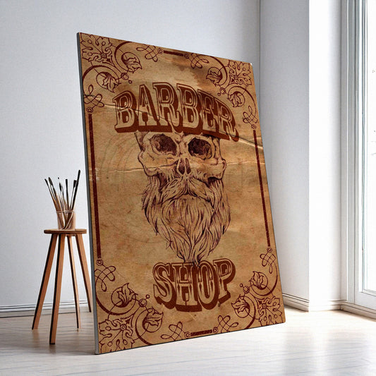 Barber Shop Wall Art – Retro Skull Design, High-Resolution Canvas or Framed Print, Modern Business Decor, Gift for Barbers, 3 Sizes, Model PGSW10003393