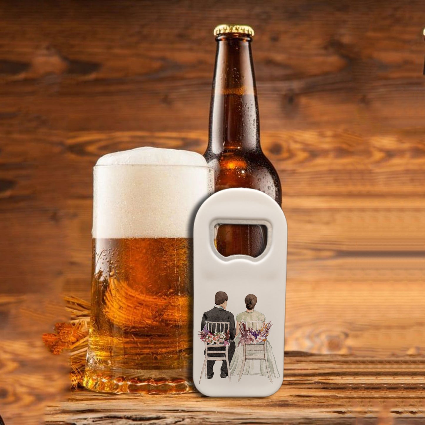 Personalized Bottle Opener Magnet, Wedding Couple Design, Custom 1.77x4.33 Inch Magnet, Unique Wedding Favor or Bridal Gift Idea